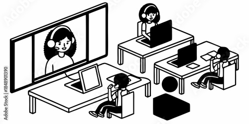 Call center agents and online education video conference line art vector