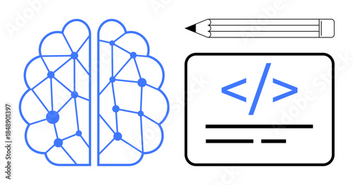 Artificial intelligence, programming, education, technology, innovation, creativity. ion of a neural brain network, a coding snippet and a pencil. Artificial intelligence and programming concept