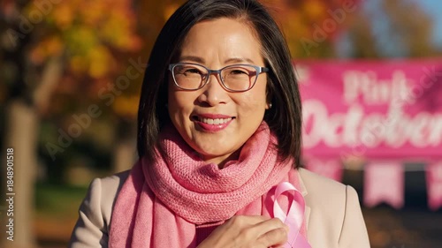 Woman holding pink ribbon promoting awareness and support concept