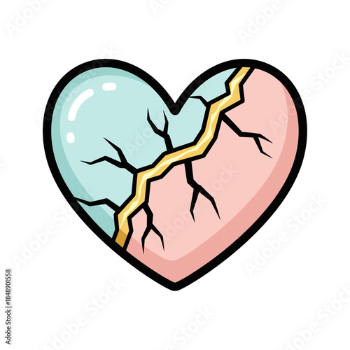 Cracked heart mended with gold in colorful design illustrating love  