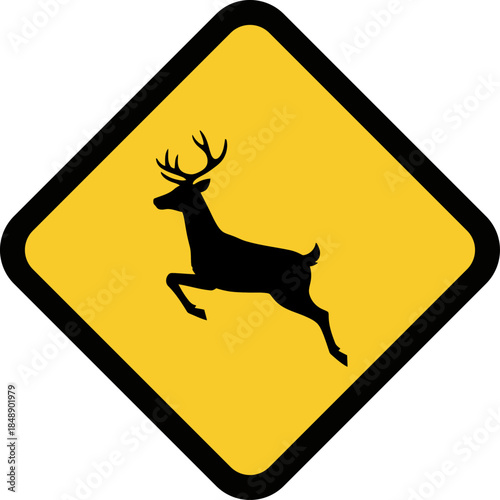 Deer Crossing Warning Sign Safety Alert for Wildlife on Road Vector Illustration