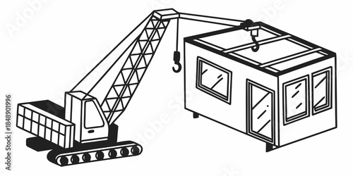 Construction crane lifting modular prefab house line art vector