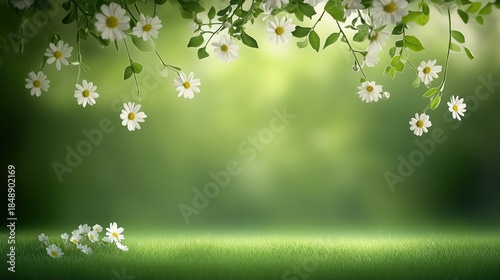 Fototapeta Naklejka Na Ścianę i Meble -  Fresh white daisies frame a vibrant green meadow, evoking a serene spring or summer natural background