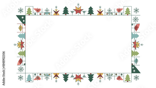 A Christmas-themed frame with colorful decorations, featuring trees, stars, and snowflakes, on a white background with a festive holiday mood and a flat lay composition.