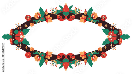 Vibrant floral frame with red, orange, and green decorations, forming a Christmas wreath-like oval on a white background with a mix of leaves, flowers, and berries.