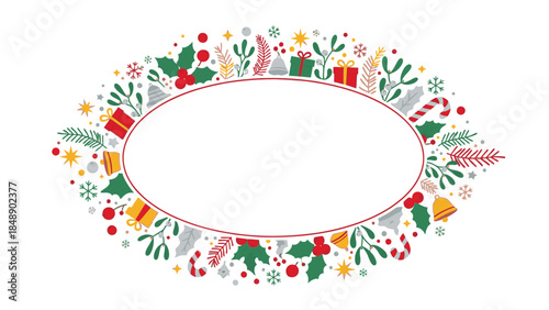 A festive Christmas frame with a red border, decorated with colorful ornaments, holly, and gifts on a white background, perfect for holiday greeting cards or invitations.