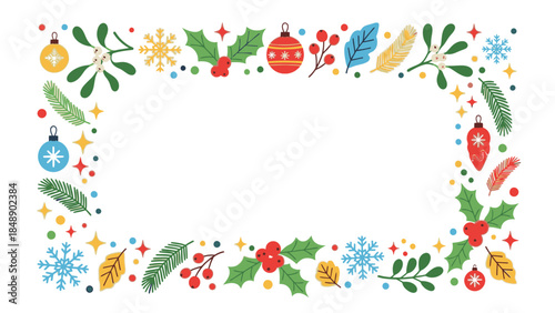 A festive Christmas frame with colorful ornaments, holly leaves, and snowflakes on a white background, perfect for holiday greeting cards or decorations.