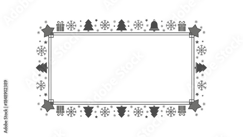 A festive Frame Christmas border with Christmas trees, snowflakes, and bells on a white background, perfect for holiday designs and decorations.