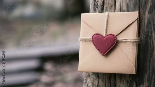 Brown envelope with red heart tied with twine on rustic wood