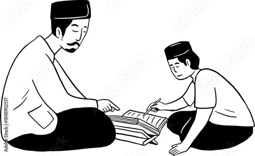 A Teacher is Teaching Quran Recitation to a Boy, Southeast Asian Traditional Activity