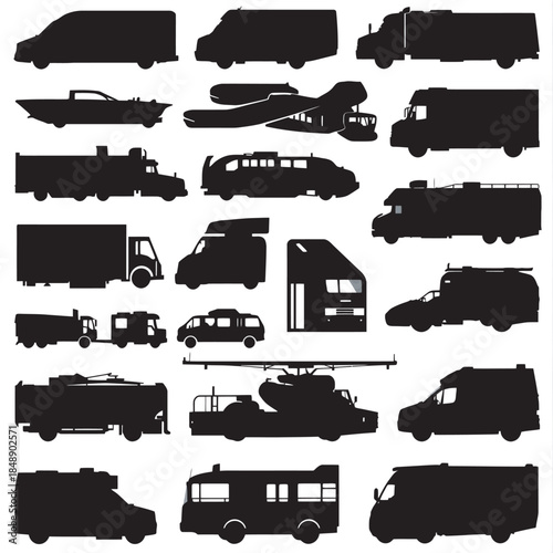 Set of car and truck silhouettes vector icons collection