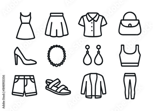 Fashion icons: dress, skirt, shirt, handbag, heels, accessories, shorts, sandals, cardigan, leggings