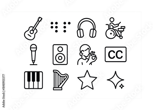 Twelve accessibility icons including audio, braille, sign language, and mobility symbols