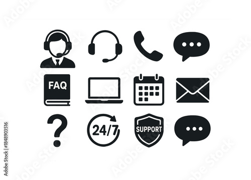 Customer service icons: call center, support, faq, email, chat