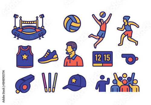 Colorful sports icons featuring ring, volleyball, running figures, and equipment