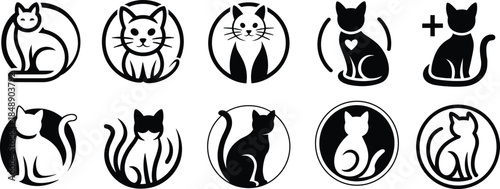 Cat silhouette logo set with circular frames and cute poses, black and white feline pet icons isolated on white background