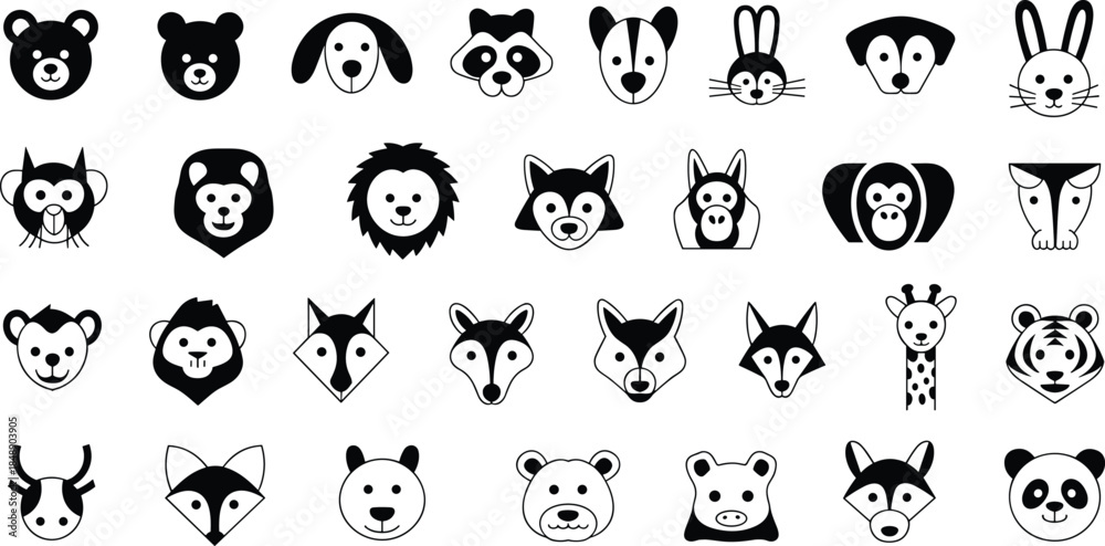 Obraz premium Cute animal face icon set with dog cat panda fox rabbit lion silhouettes, black and white cartoon wildlife collection
