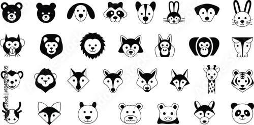 Cute animal face icon set with dog cat panda fox rabbit lion silhouettes, black and white cartoon wildlife collection