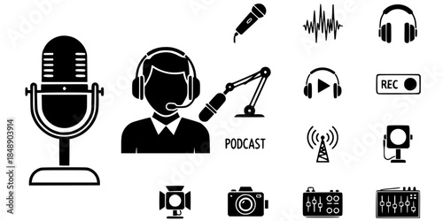 Professional Podcast Studio Host Vector Silhouette