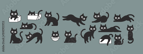 Cute black cat illustration set with playful poses sitting jumping sleeping in boxes, minimalist cartoon pet characters collection