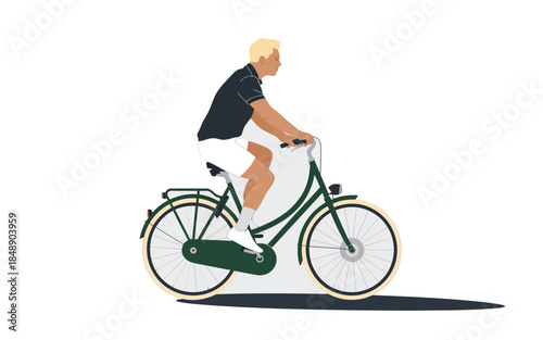 Young man riding a classic green bicycle side view flat vector illustration isolated on white background for healthy lifestyle and eco friendly city transportation.