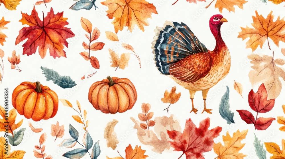 Fototapeta premium Autumn watercolor pattern with turkey pumpkins and falling leaves on light background