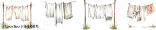 White washed bedding hanging on a clothesline in cottagecore rustic style, watercolor set illustration on white. Perfect for farmhouse decor, country laundry themes, cozy home and rustic designs