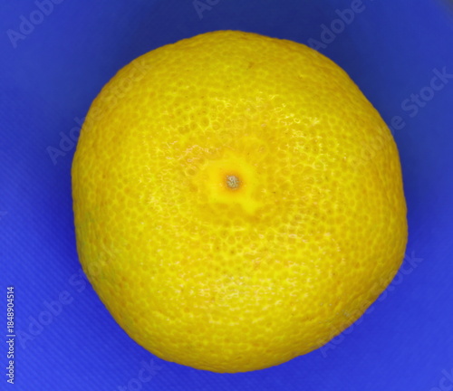A closeup shot of a yellow lemon on a blue background.