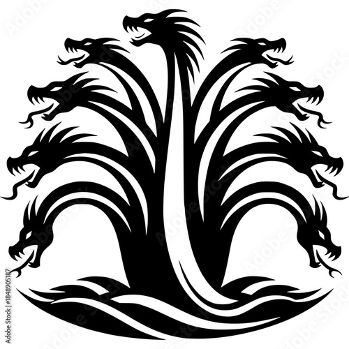 Hydra Mythical Creature: An illustration of a formidable Hydra, a serpentine water monster with multiple heads, symbolizing resilience and the challenges of myth.