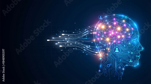 Artificial Intelligence and Machine Learning concept with digital human brain silhouette and data streams on dark background