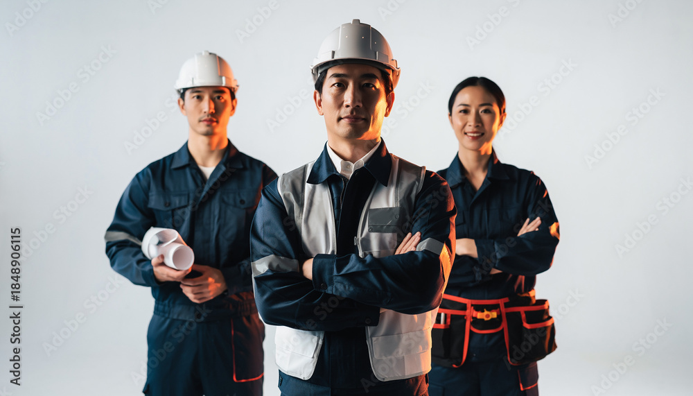 Obraz premium 作業服姿で並ぶ日本人建設作業員チームの集合写真