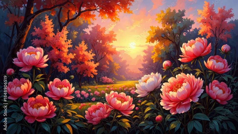 Fototapeta premium Peony Garden at Sunset