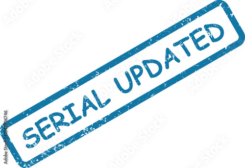 A blue grunge effect rubber stamp with the text serial updated displayed on a white background