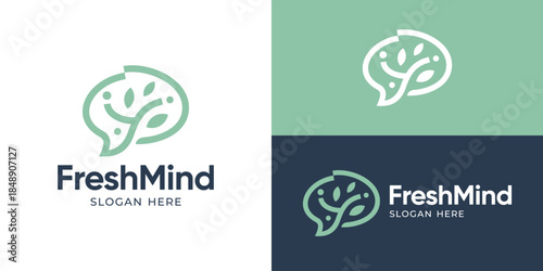 Creative modern fresh mind logo template. Simple brain with tree leaf for psychology logo design vector illustration.