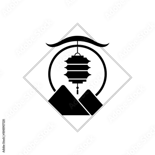 Lunar New Year lantern silhouette festival double tier body curved roof eave design two vector illustration