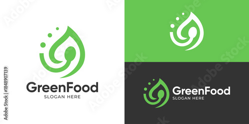 Creative simple green food logo template. Nature leaf with spoon for healthy food logo design vector illustration.