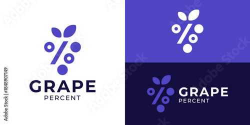 Creative simple grape percent logo template. Grape wine with percent symbol logo design vector illustration.