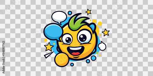 Happy cartoon lemon character with green hair and stars