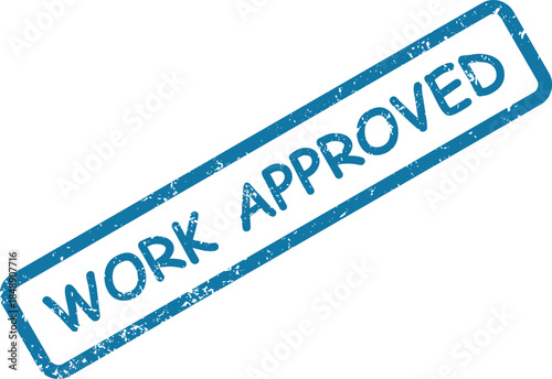 Blue rectangular rubber stamp impression clearly displaying the bold text WORK APPROVED diagonally on a white surface