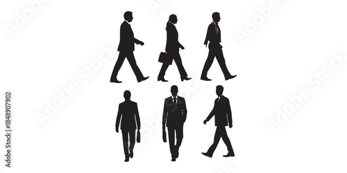 Business people silhouettes, professional men and women in suits, standing, walking, gesturing, holding briefcase, corporate teamwork poses, office staff, vector illustration
