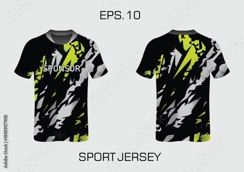 Sport jersey template with an abstract black and lime green pattern for team uniforms.