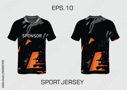 Modern sport jersey t-shirt design with an abstract black and orange pattern front and back view.