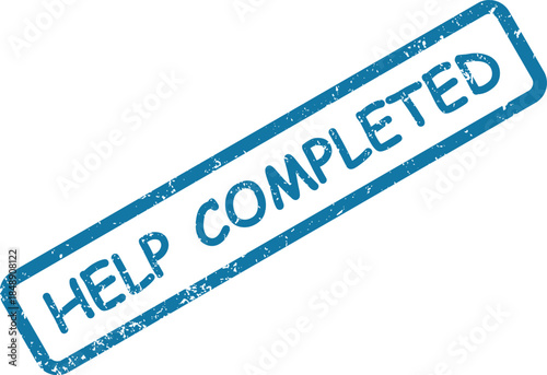 A blue rubber stamp impression clearly displays the words HELP COMPLETED within a rectangular frame on a clean white surface