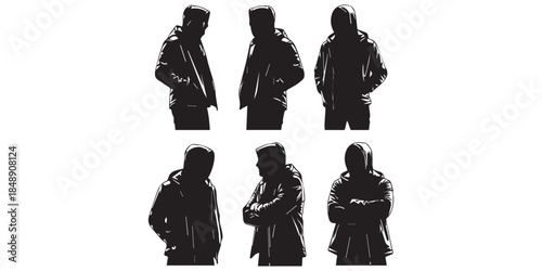 Group of People Wearing Jackets in Black Silhouette Style Diverse male silhouettes showcase modern casual style and active poses for design projects