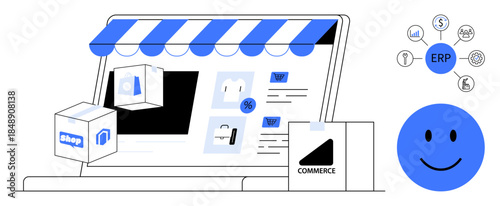 E-commerce system. E-commerce storefront with icons for ERP and delivery management. E-commerce streamlining processes, enhancing operations, increasing efficiency in online sales. For retail