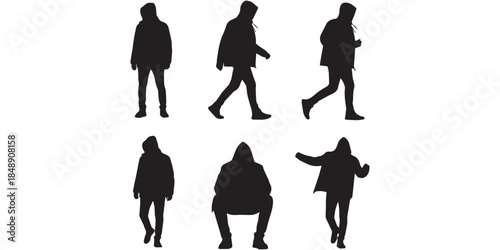 Group of People Wearing Jackets in Black Silhouette Style Diverse male silhouettes showcase modern casual style and active poses for design projects