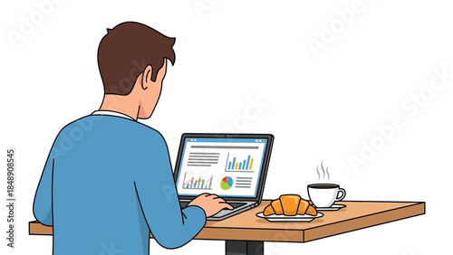Man working on laptop with charts and graphs, enjoying coffee and croissant at a table.
