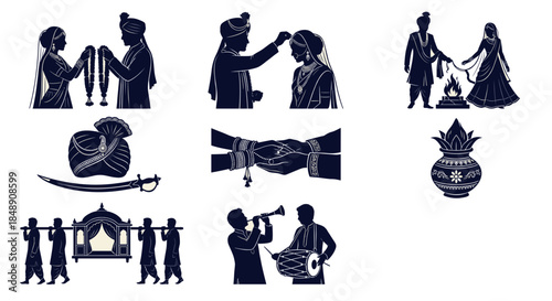 Silhouette indian wedding couple vector icon set featuring bride groom rituals like varmala sindoor pheras and traditional symbols turban sword palanquin in dark blue illustration