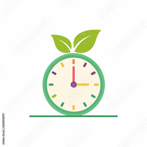 Clock with leaves illustration indicating time for natural or environmentally friendly solutions, ecology friendly time management concept