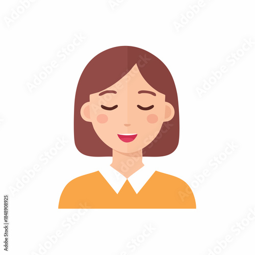 Relaxed Brunette Woman with Eyes Closed in Soft Flat Design Style Enjoying Serenity and Calm